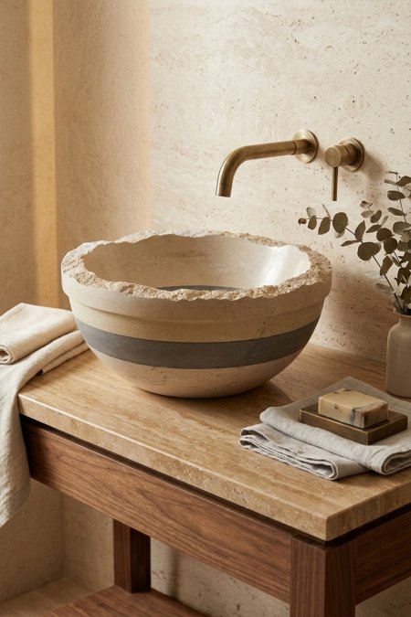 حوض مغسلة حجر دائري بطابع طبيعي